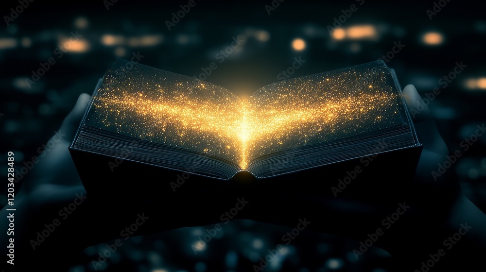 Glowing Golden Book of Magic and Mystery in Hands Glowing Golden Book of Magic and Mystery in Hands