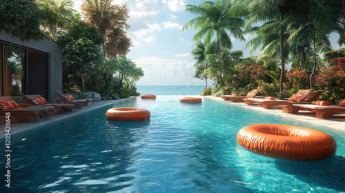 refreshing pool scene featuring floating pool toys, surrounded by lush greenery and palm trees, invites relaxation and enjoyment under sunny sky