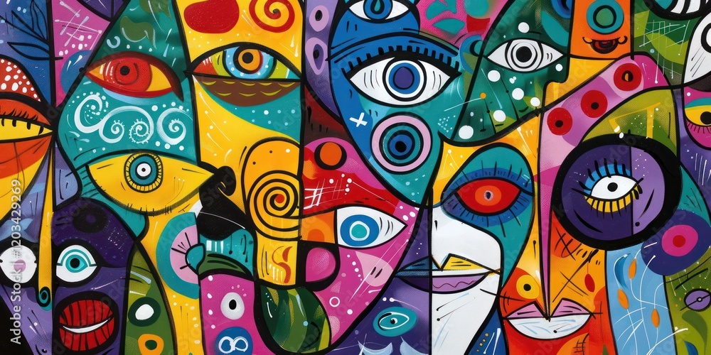 Fototapeta premium chaos people face paint hand draw colorful wallpaper abstract cartoon art doodle simple line modern