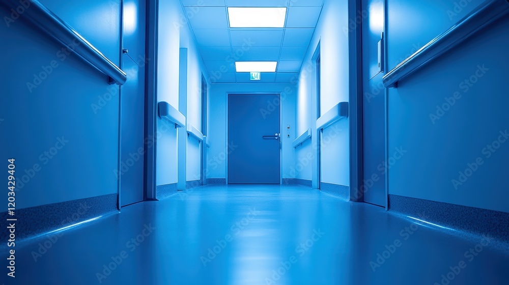 Empty blue hospital corridor with closed door