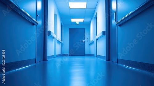 Obraz na płótnie Empty blue hospital corridor with closed door w salonie