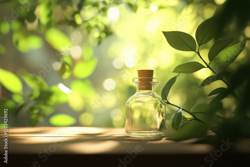 Eine Glasflasche mit Korken steht auf einem Holztisch, umgeben von grünen Blättern. Sonnenstrahlen fallen weich durch das Bild und erzeugen einen sanften Bokeh-Effekt im verschwommenen Hintergrund