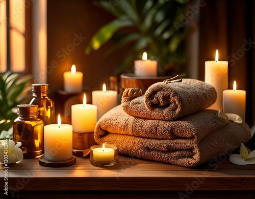 A spa setting with candles, rolled towels, essential oils, and a relaxing atmosphere.