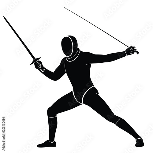A dynamic vector silhouette of a fencer in a duel stance, poised and ready to engage 