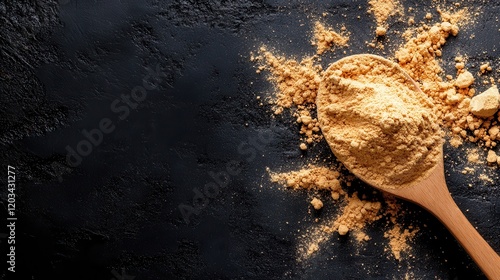 A wooden spoon holds vibrant curry powder as it spills across a dark surface, showcasing the rich colors and textures while highlighting the allure of spice in cooking. photo