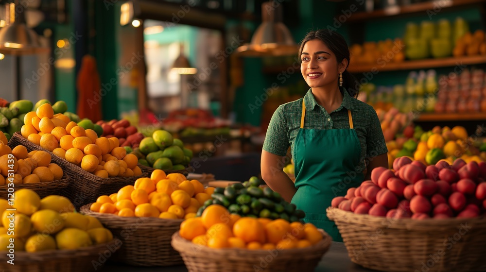 Smiling Indian Woman in Green Apron at Vibrant Fruit Market Stall