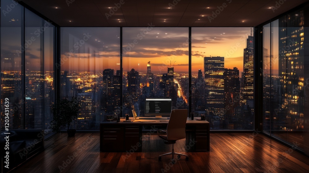 Modern Office Space with Panoramic City View at Sunset Modern Office Space with Panoramic City View at Sunset