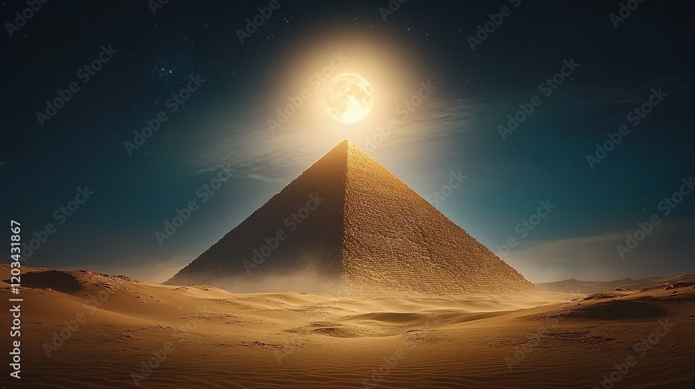 Majestic pyramid under full moonlight, desert sands encircle, echoes of monumental history, a testament to an eternal legacy