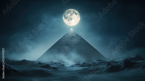 Majestic pyramid under full moonlight, vast desert expanse, echoes of ancient civilization, timeless wonder, captivating night scene