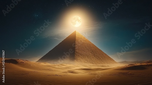 Obraz na płótnie Majestic pyramid under full moonlight, desert sands encircle, echoes of monumental history, a testament to an eternal legacy w salonie