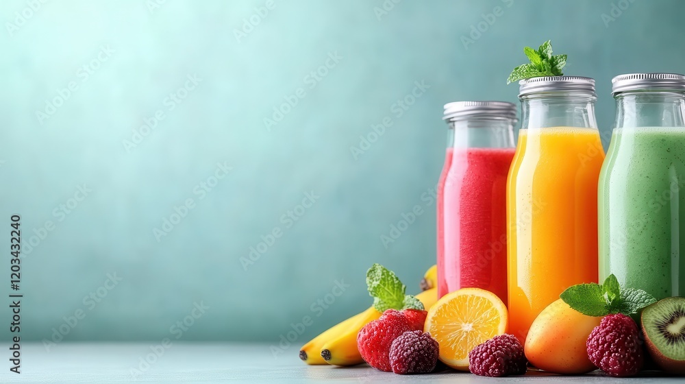 This vibrant image showcases three glass bottles filled with colorful fruit juices, accompanied by fresh fruits like bananas, oranges, and berries on a textured surface. This vibrant image showcases three glass bottles filled with colorful fruit juices, accompanied by fresh fruits like bananas, oranges, and berries on a textured surface.