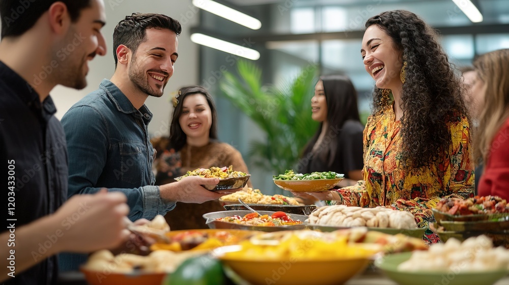 Fototapeta premium Office celebration of an international food fair, vibrant dishes, diverse cultural attire, fostering inclusivity and teamwork among coworkers