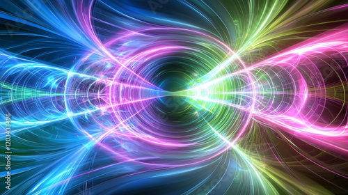 Abstract swirling light tunnel; vibrant neon colors.