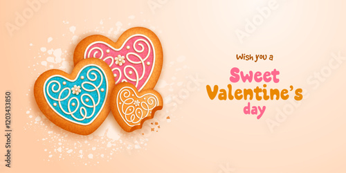 Valentine's Day poster, banner or greeting card template. Romantic cute conceptual design with heart shaped glazed cookies. Valentines dinner invitation. Vector illustration