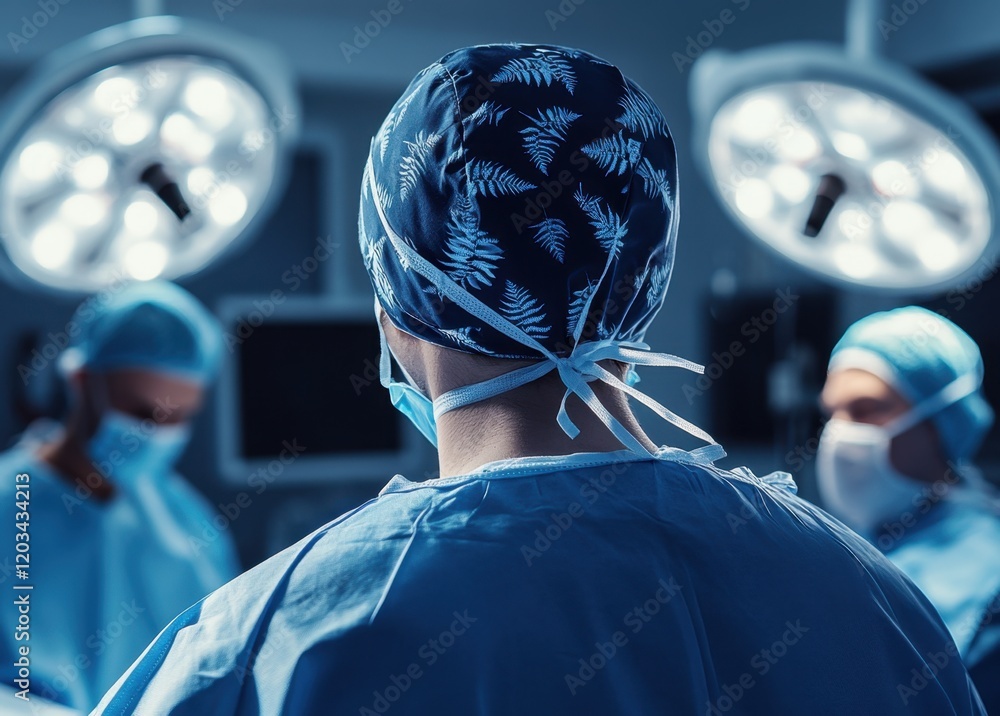 Surgeon in operating room viewed from behind