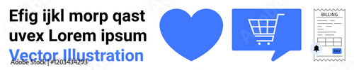 Free Download Heart symbol, shopping cart in blue speech bubble, and receipt. Ideal for online shopping, payments, commerce, transactions, retail, purchases, and digital marketing. Landing page - GFXLoad
