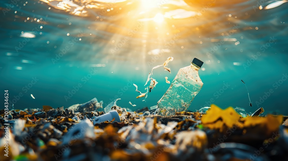 Fototapeta premium Underwater Pollution with Plastic Bottle and Colorful Debris in Clear Water