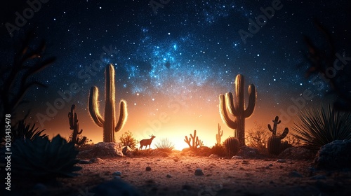 Desert night scene featuring rare nocturnal wildlife under a starlit sky with glowing cacti illuminating the landscape. photo