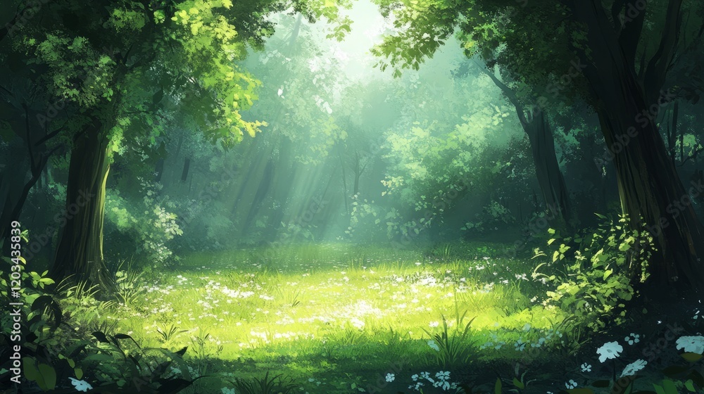 Obraz premium Lush forest clearing under soft sunlight, empty space above for text 