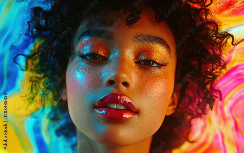A close-up portrait of a young woman with vibrant makeup, set against a dynamic and colorful 3D abstract background.
