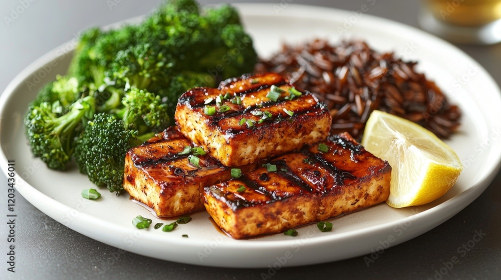 Photorealistic composition of dinner plate with grilled tofu and broccoli Photorealistic composition of dinner plate with grilled tofu and broccoli