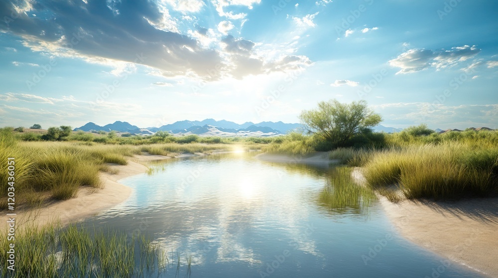 Obraz premium Desert Oasis Serenity, vibrant blue waters reflecting palm trees, a tranquil escape amidst golden sands, a haven for wildlife and relaxation