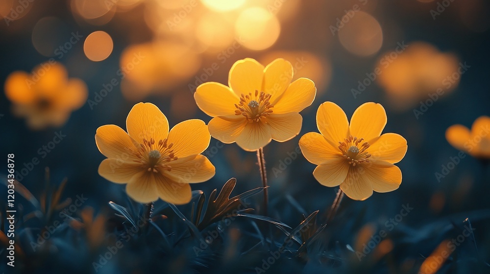 Fototapeta premium yellow flowers in a meadow during sunset