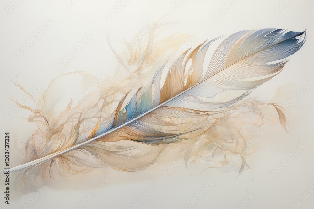Obraz premium Delicate feather with blue and brown hues floating on a soft, ethereal background, creating a serene and artistic composition