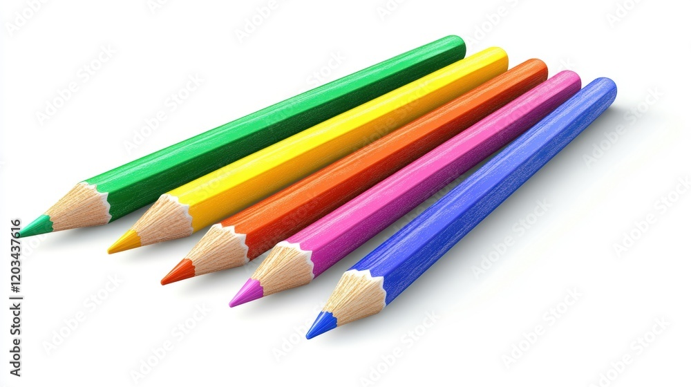 Fototapeta premium Bright colored pencils arranged in a line on a white background for creative drawing activities