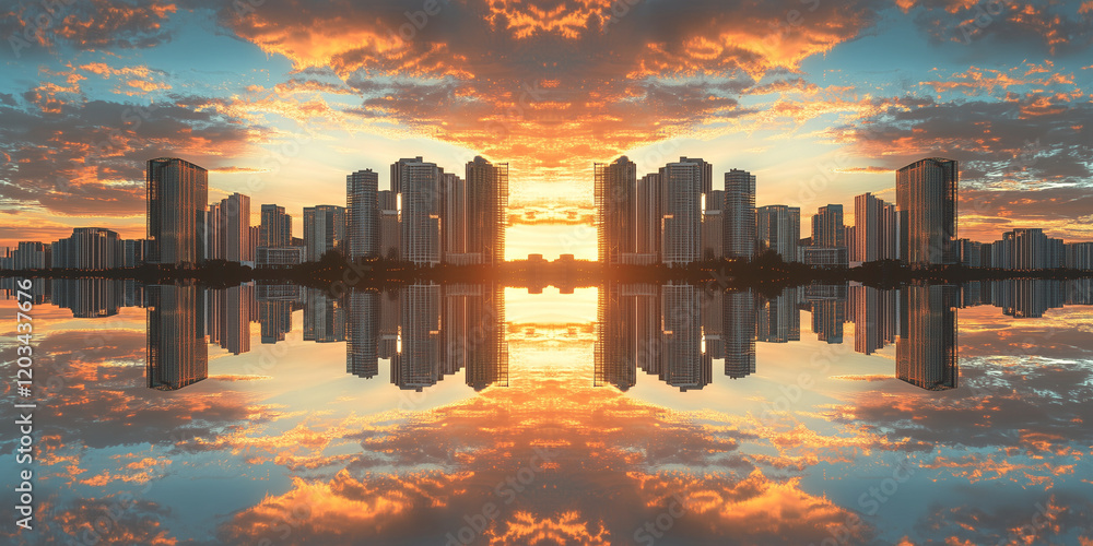 Obraz premium City Skyline with Skyscrapers and Sunset Reflection on Water
