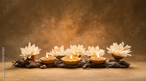 Diwali diya display, vibrant colors and intricate designs, cultural celebration of light and joy, festive ambiance and warmth photo