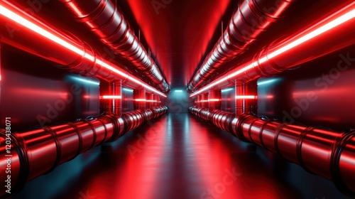 This bold image features a futuristic corridor with striking red lighting and black pipelines, creating an intense atmosphere that evokes feelings of mystery and energy. photo