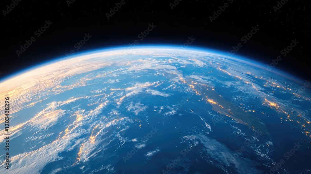 Fototapeta premium Earthrise view from space, sunrise over continents, clouds, atmospheric glow, for environmental documentaries