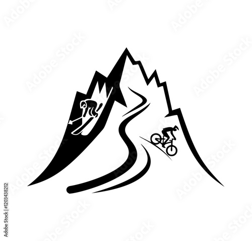 A simple logo of a mountain with a skier descending on one side and a downhill mountain bike on the other side. The style is illustrative.