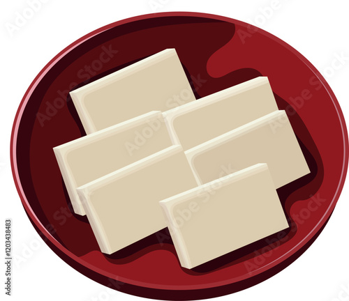 Japanese Rice Cake or Mochi Block Slices on Plate Illustration Isolated on White Background