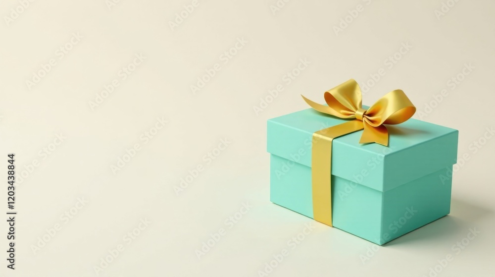 Fototapeta premium A Pale Green Gift Box with a Golden Bow on a Neutral Background