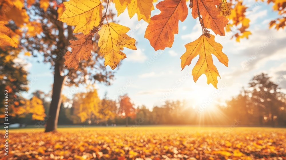 Golden Autumn Leaves Park Sunset Landscape Golden Autumn Leaves Park Sunset Landscape