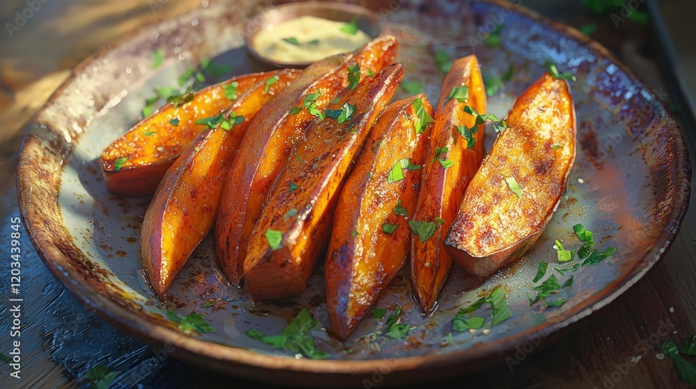 Photorealistic image of sweet potato wedges with tahini dressing Photorealistic image of sweet potato wedges with tahini dressing