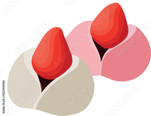 Daifuku Ichigo or Sweet Strawberry Mochi Snack Illustration Isolated on White Background