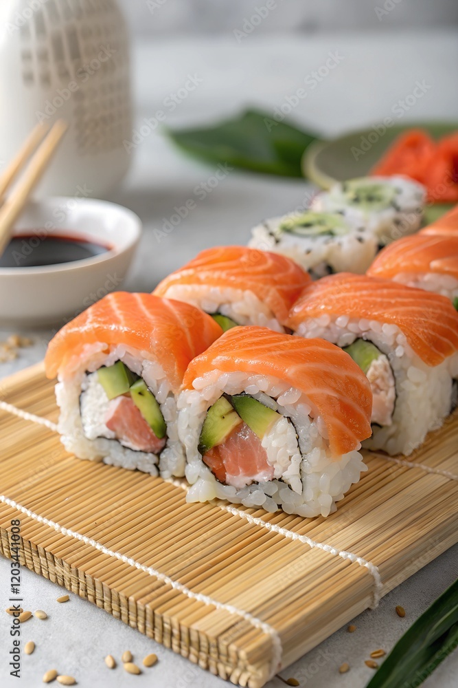 A delicious row of salmon sushi rolls with avocado and cream cheese, placed on a bamboo mat. Fresh ingredients and minimalistic presentation highlight Japanese cuisine.
A delicious row of salmon sushi rolls with avocado and cream cheese, placed on a bamboo mat. Fresh ingredients and minimalistic presentation highlight Japanese cuisine.
