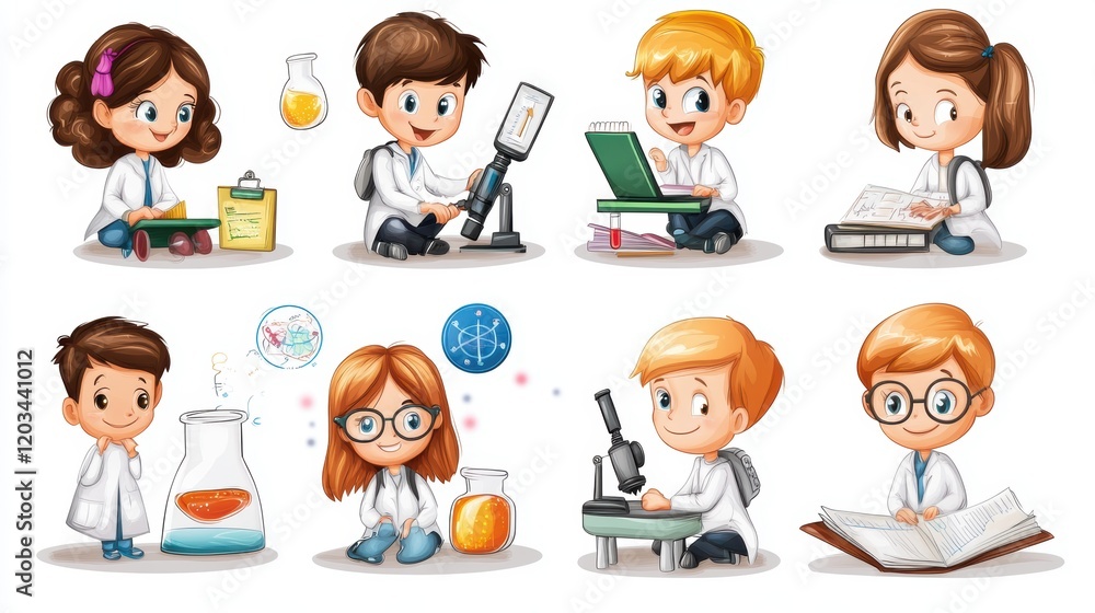 Children engaged in various scientific experiments and research activities in a classroom setting Children engaged in various scientific experiments and research activities in a classroom setting