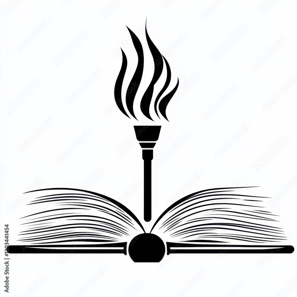 Open book with torch flame symbol