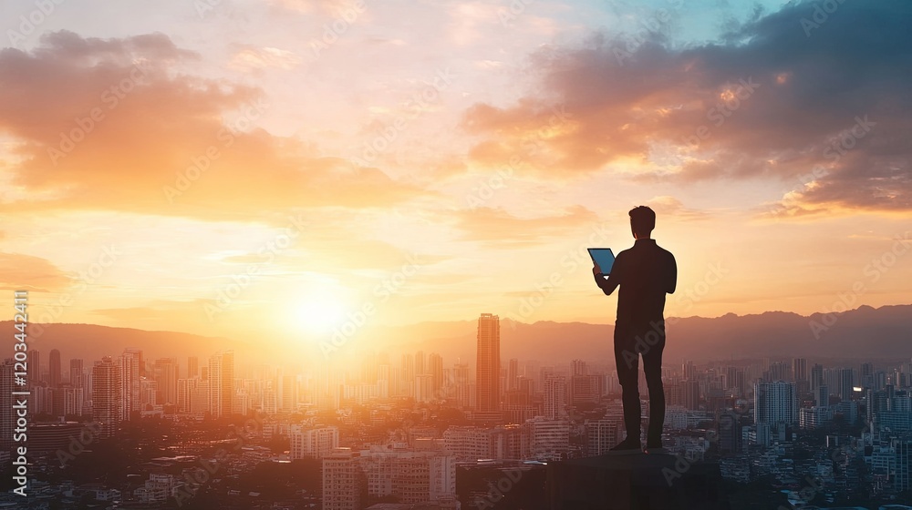 Obraz premium Urban Visionary, Entrepreneur on rooftop with tablet, overlooking city skyline, embodying startup leadership and innovation spirit
