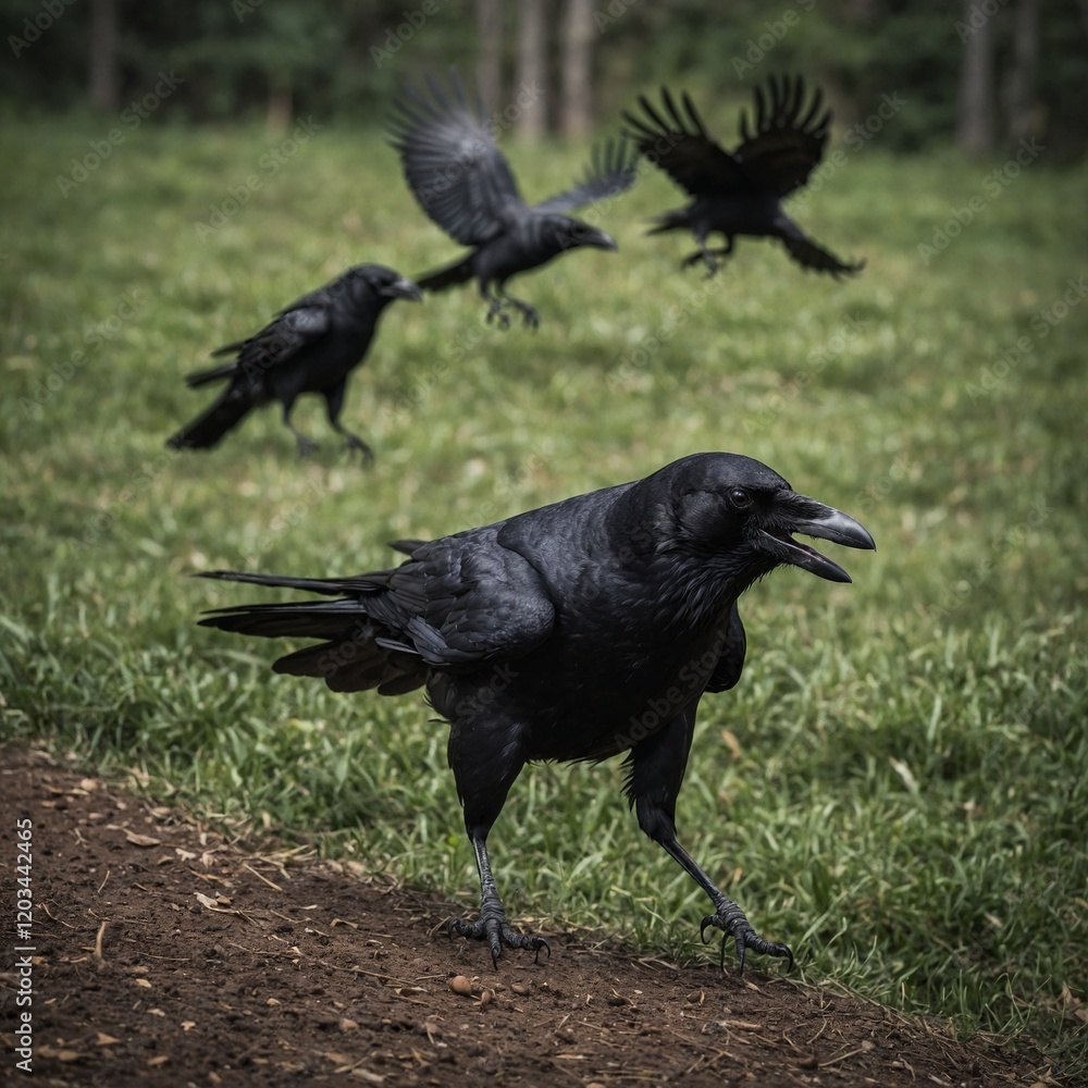 Obraz premium A crow leading a group in mid-flight.