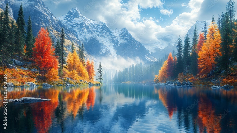 Obraz premium Autumn lake reflects vibrant trees and snowcapped mountains under bright sunlight. AI Generated