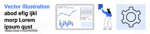 Computer screen displaying data charts, woman holding clipboard, gear icon symbolizing settings. Ideal for data analytics, business insights, management, user support, tech solutions, digital tools