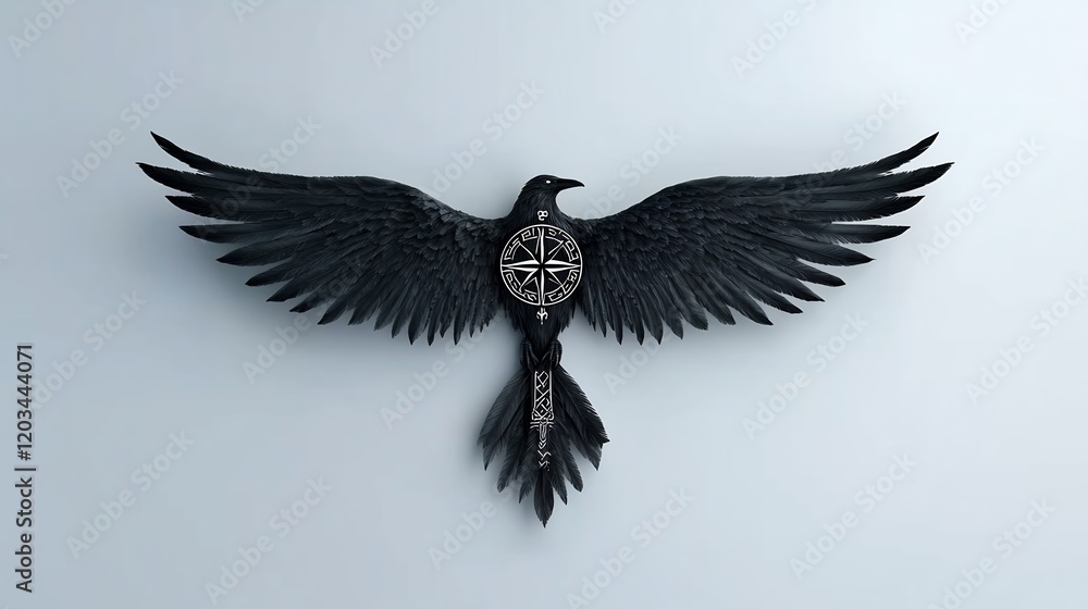 Naklejka premium Majestic black raven spreads wings wide against pale background subtly lit a powerful visual aesthetic. AI Generated