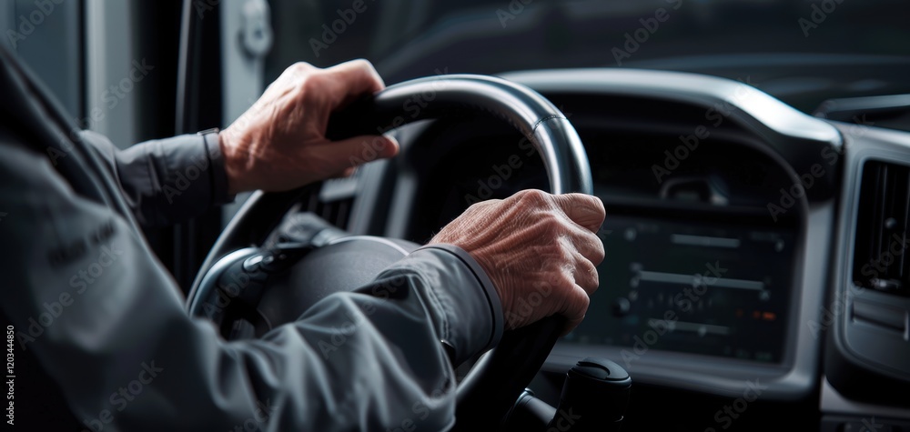 Hands gripping a steering wheel inside a vehicle cabin. Hands gripping a steering wheel inside a vehicle cabin.