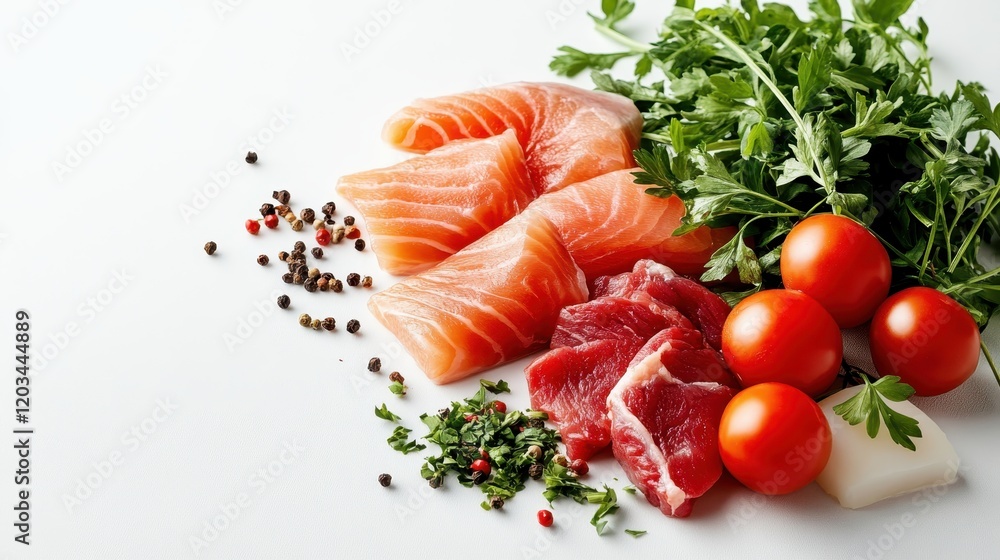 A beautifully arranged collection of salmon, tomatoes, and herbs presents a harmonious blend of fresh ingredients that evoke culinary creativity and home-cooked warmth. A beautifully arranged collection of salmon, tomatoes, and herbs presents a harmonious blend of fresh ingredients that evoke culinary creativity and home-cooked warmth.