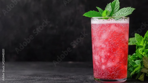 Refreshing pink drink with ice and mint.  Summer beverage on dark background. Food photography
